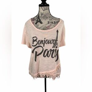 Cold Crush Bonjour Paris Graphic Crochet Lace Hem Top - Light Pink Size XL